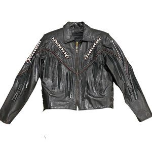 FORCE Women's Genuine Leather Biker Jacket Beaded Black Size Small vintage